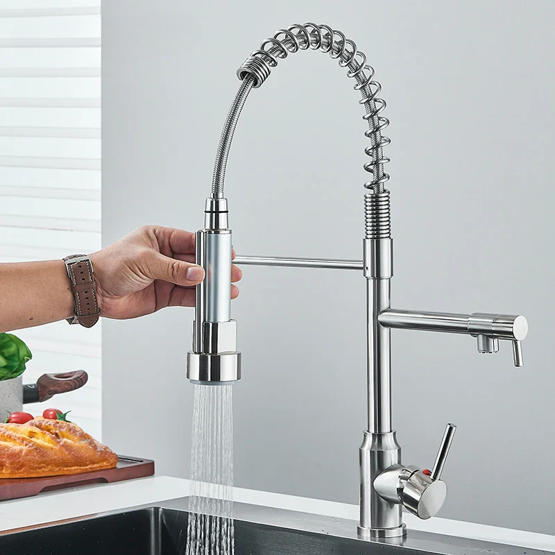 Matte Nickel Kitchen Faucet with 360-Degree Rotation and Pull-Out Spout 2