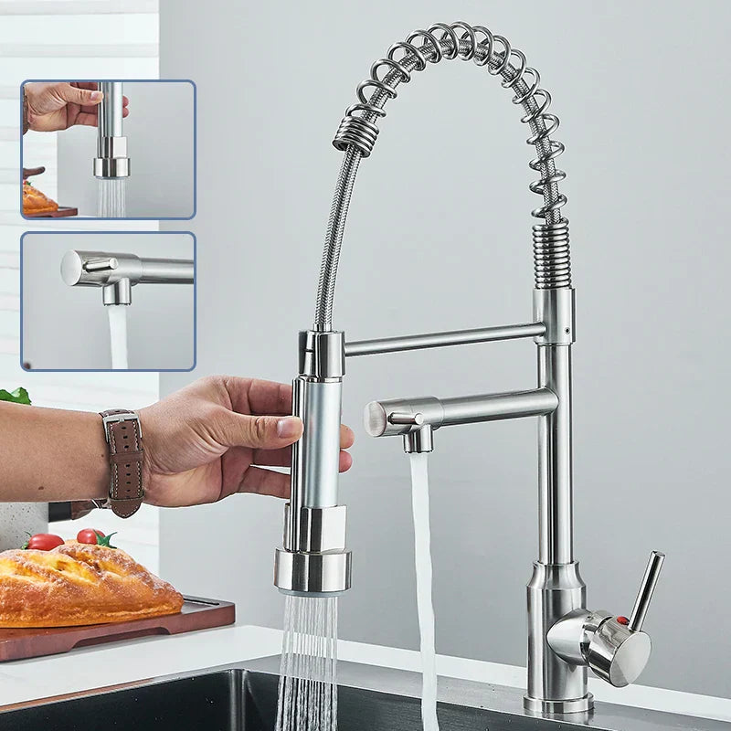 Matte Nickel Kitchen Faucet with 360-Degree Rotation and Pull-Out Spout 3